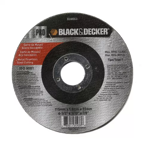 Disco Corte Metal Acero Inox 4.1/2X1/16X7/8 B+D Bd8063 - BLACK AND DECKER