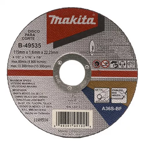 Disco Corte Acero Inox 4.1/2 X1.6Mmx7/8 Makita B-49535