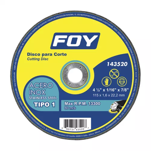 Disco Corte Acero Inox 4.1/2X1/16X7/8 Foy 143520 - FOY